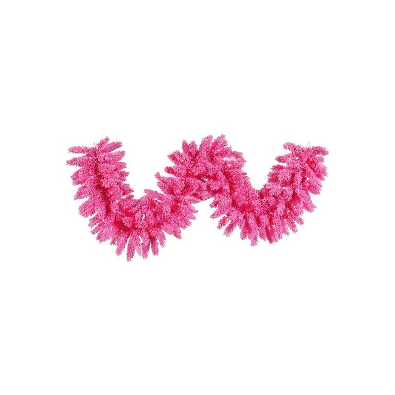 9′ Flocked Pink Garland with 100 LED Pink Lights