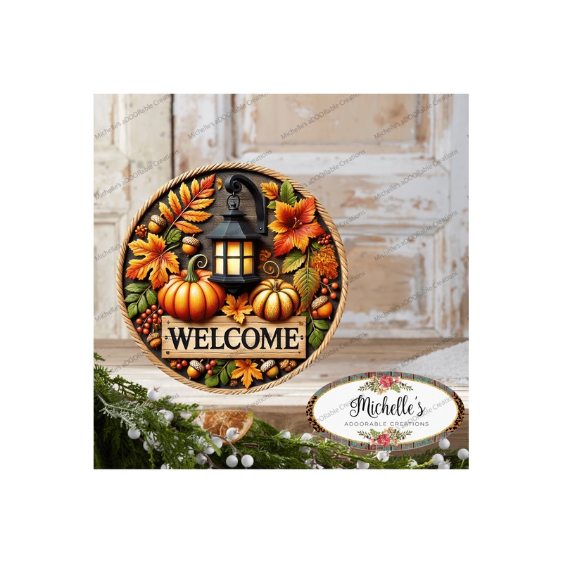 Fall Foliage Lantern Welcome Round Sign
