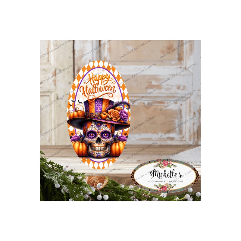 Happy Halloween Sugar Skull Oval Sign