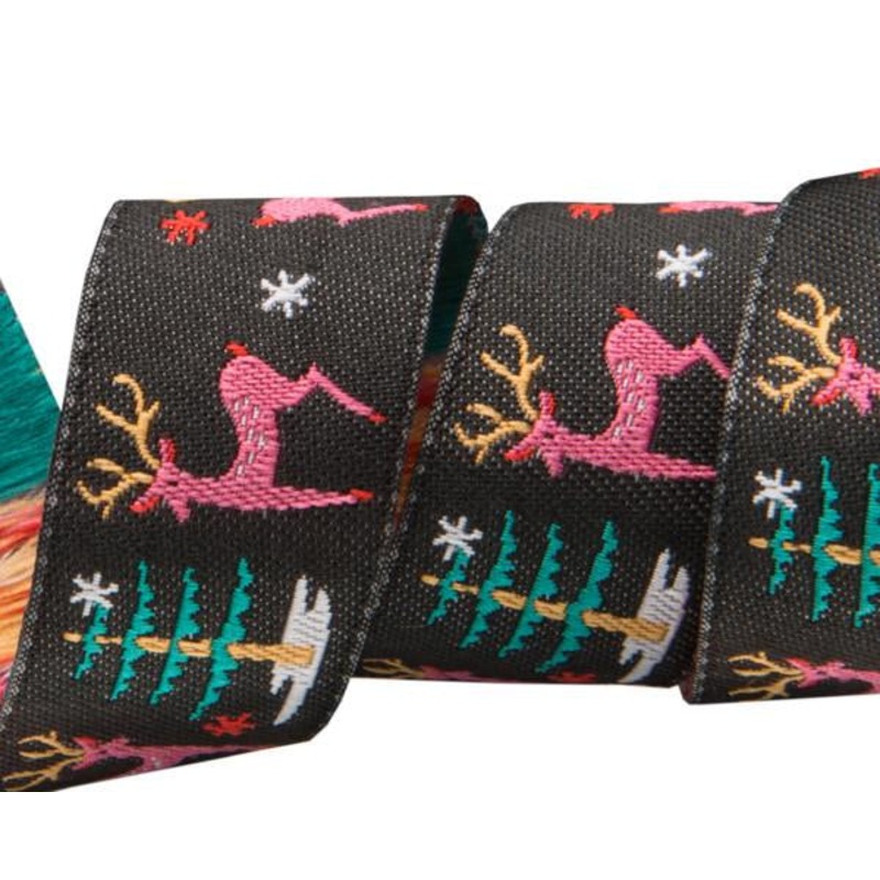 Deer and Tree on Black – 7/8″ width – by Jessica Jones – One Yard