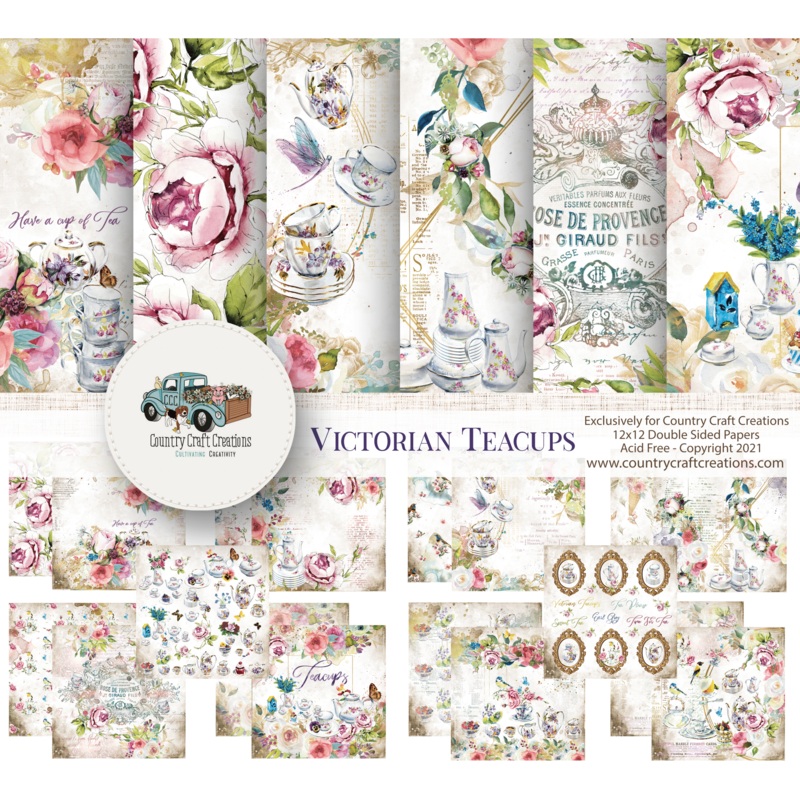 – Victorian Teacups – 12×12 – Cotton Bristol