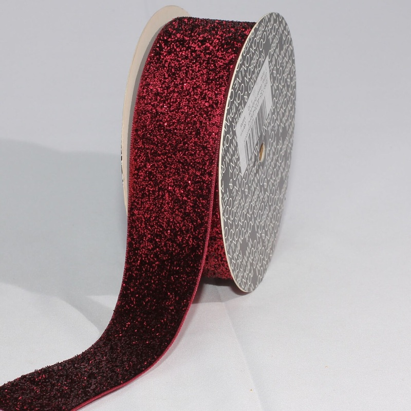 The Ribbon People Burgundy Red Glitter Woven Edge Velvet Craft Ribbon 1.5″ x 11 Yards